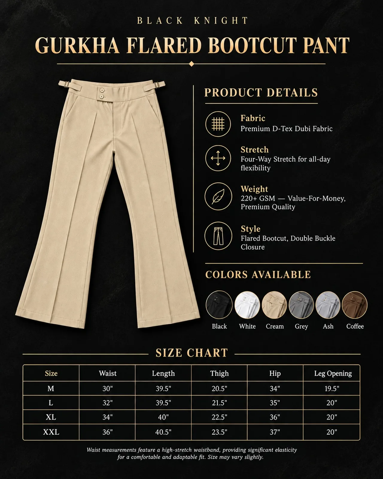 Gurkha Flared Bootcut Pants – details and size chart
